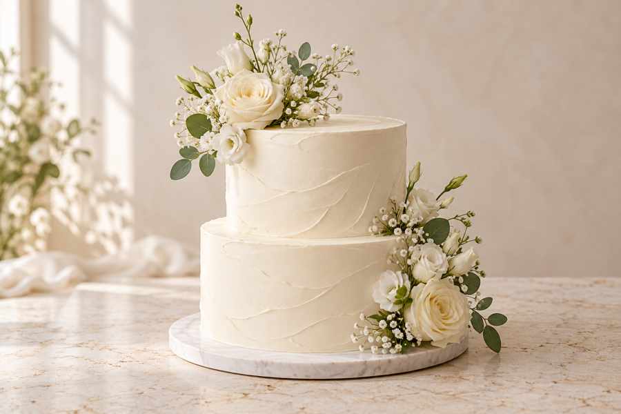 A white celebration cake styled with flowers