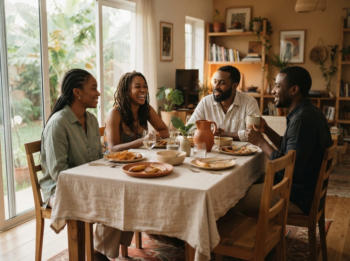 Guests gathered around a warm dinner table