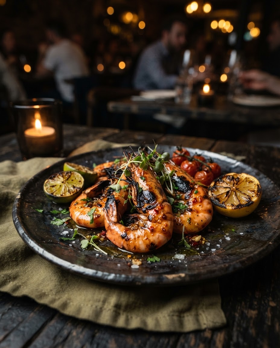 Seafood prepared over a live fire
