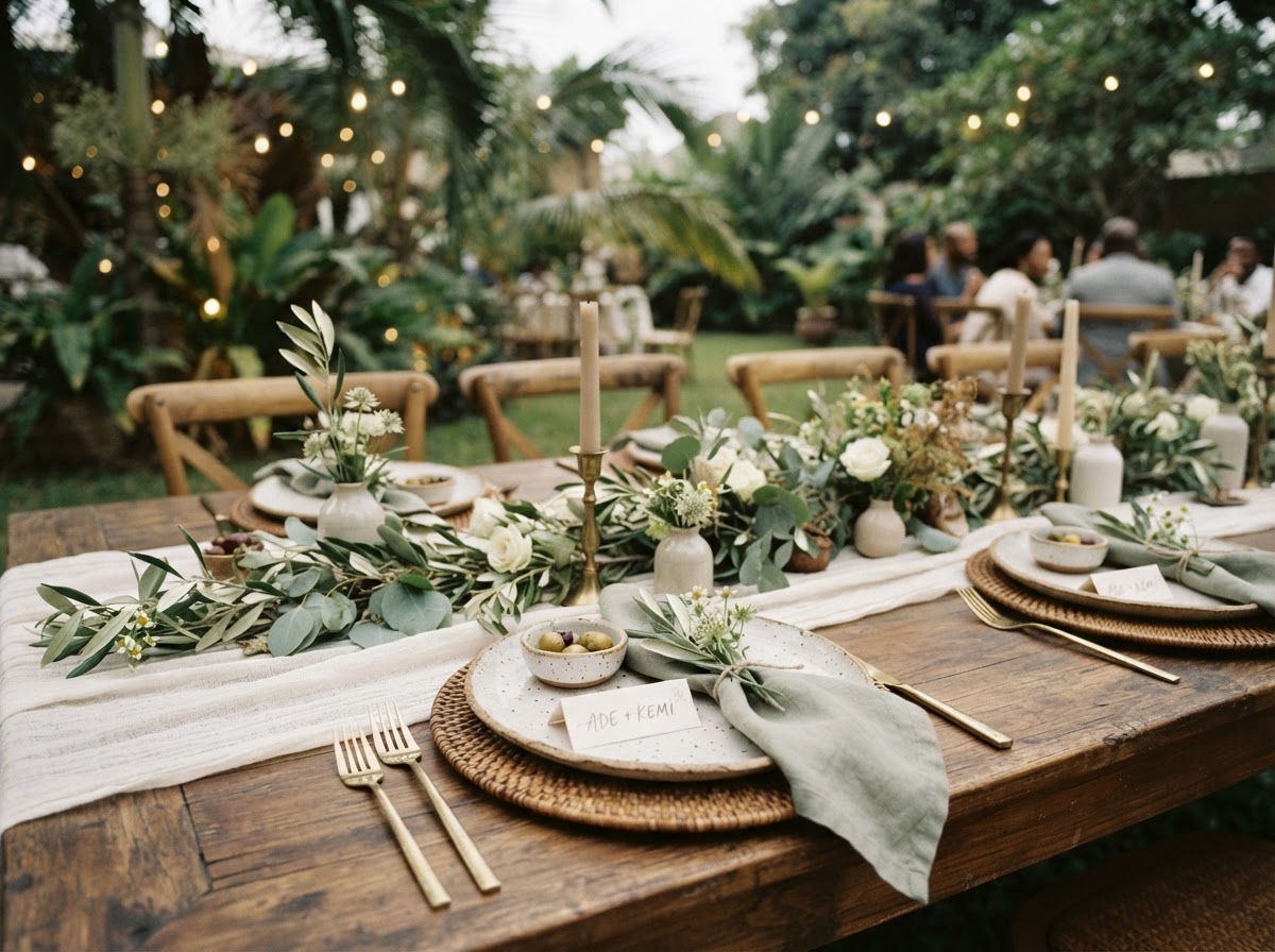 A considered outdoor event table with restrained florals and natural textures