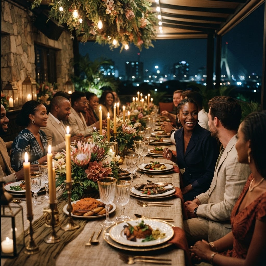 An intimate evening dinner with candlelight and floral styling