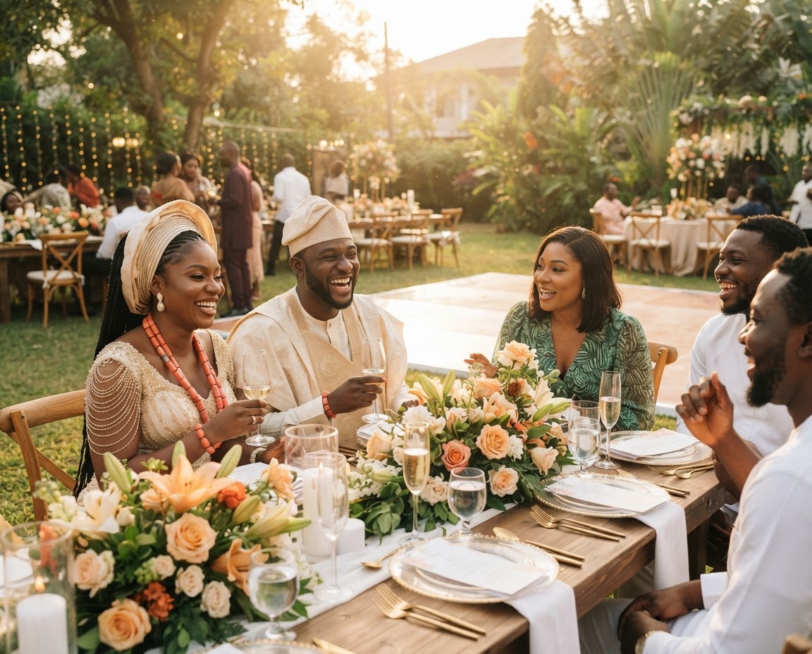 Guests sharing an intimate celebration at a flower-filled table