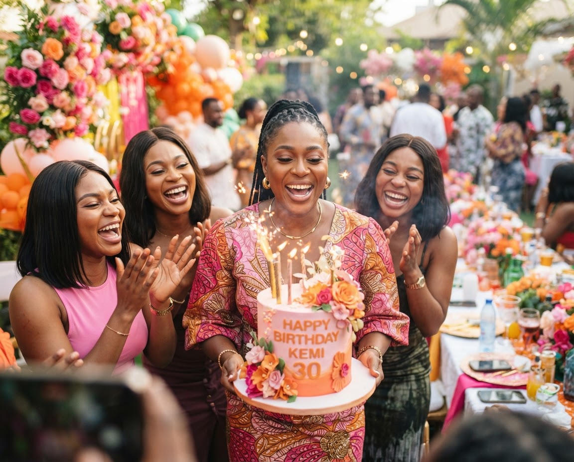 A colourful birthday celebration with friends, balloons and a cake